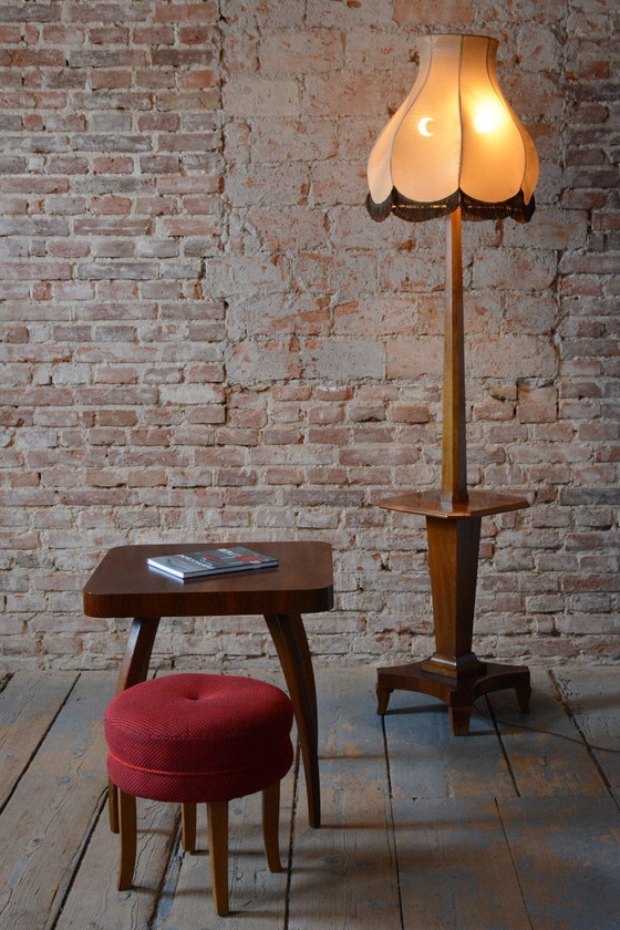 Lampada da terra Art Déco restaurata, noce, nuova elettrificazione, ceca, anni '20, Illuminazione, Tessile (foto 2 di 10)