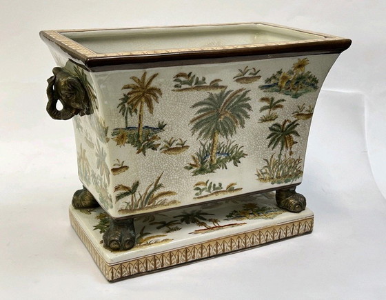 Image 1 of Vaso da fiori in ceramica vintage, dipinto con una testa di elefante in bronzo, H: 21 cm