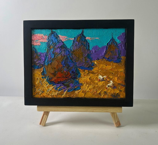 Original Oil Painting Nature Field Landscape Warm spring day