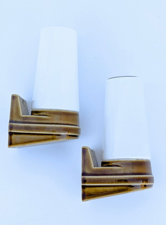 Image 1 of  Paar Wandleuchten aus ockerfarbenem Porzellan „Bernadotte“, Modell 6080, von Sigvard Bernadotte für Ifö – 1960er Jahre