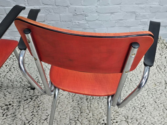 Image 1 of Set of 4 Vintage Design Chromed Frame Kitchen Chairs with Red Leatherette Upholstery. The Netherlands, 1960s