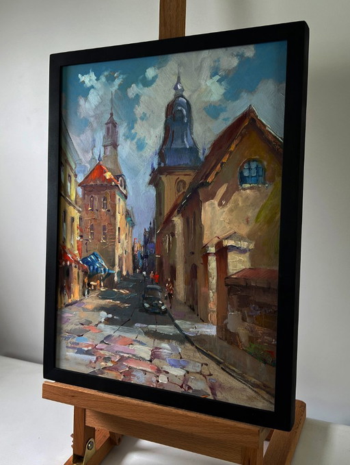 Original Oil Painting City Road Landscape Quiet Street In The Old Town
