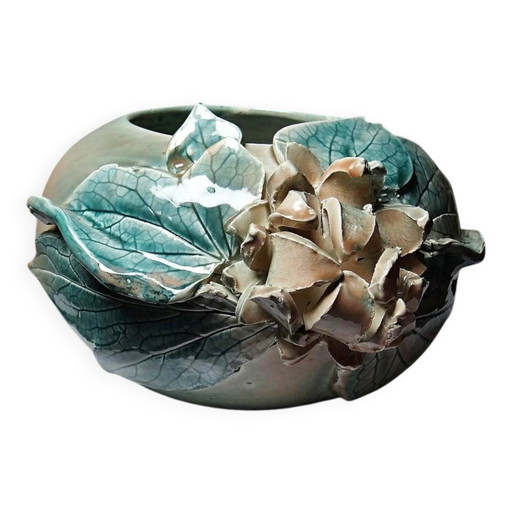 Vintage signed Dina ceramic vase with floral relief decoration.