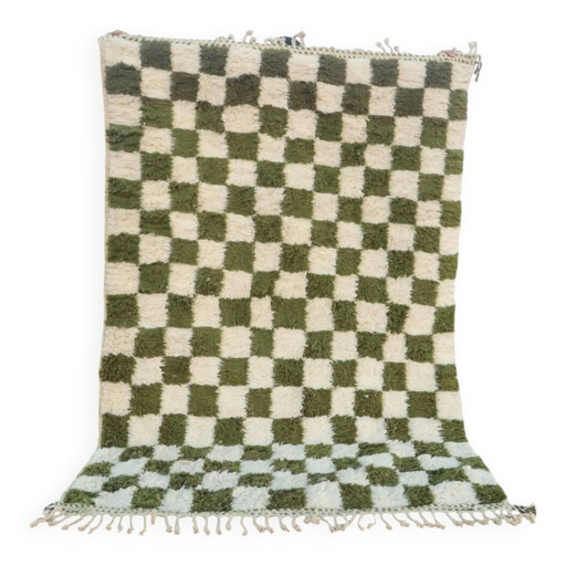 Alfombra Beni Ouarain a cuadros verde caqui y crema, Hecha a mano, 250x150cm