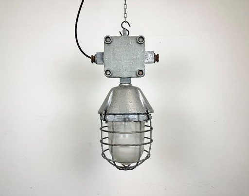 Large Industrial Cast Aluminium Cage Pendant Light from Polam Wilkasy, 1960s