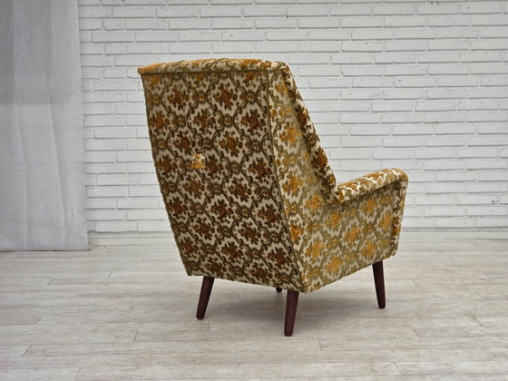 Fauteuil danois à dossier haut des années 1970, tissu d'ameublement marron/beige, bois de teck. – Textile (photo 8 of 13)