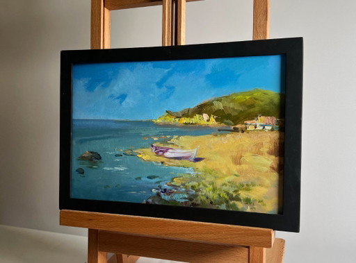 Origineel olieverfschilderij: Zomerkustlandschap, bewolkte dag op zee