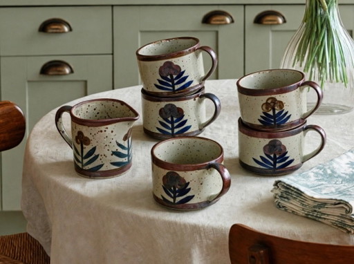 Tasses et pot à lait grès émaillé motif floral vintage