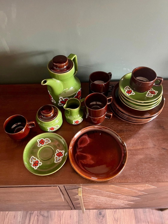 Retro Koffieservies uit de jaren 70 voor 6 personen, Space Age Vintage Servies in groen en bruin, – Ceramic (photo 7 of 10)