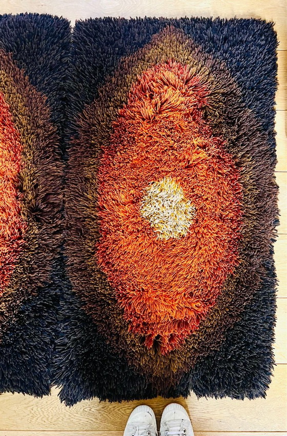 Image 1 of 2x vintage, original 1970s shag rugs, rugs in perfect condition, orange, yellow, brown