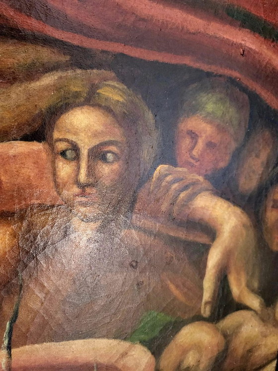 Image 1 of Zeldzaam handgeschilderd Art Deco kamerscherm – in de stijl van Michelangelo’s “Schepping van Adam” (ca. 1920–1935)