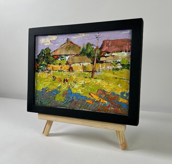 Image 1 of Origineel olieverfschilderij: Zomerdorplandschap, ontspanning vlakbij huis