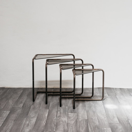 Set of 4 Modular Metal and Glass Coffee Tables, 1960s Modern Design