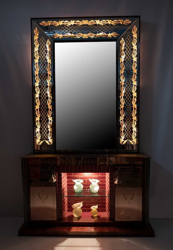 Image 1 of Meuble de bar italien moderne du milieu du siècle de Luigi Brusotti avec miroir décoré, années 40