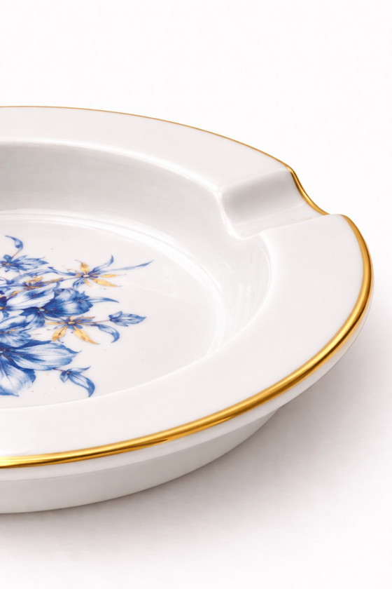 Image 1 of MEISSEN Porcelain Trinket Dish – Aquatinta Blue Floral Gold Trim – Antique 12cm Ashtray – Crossed Swords Germany