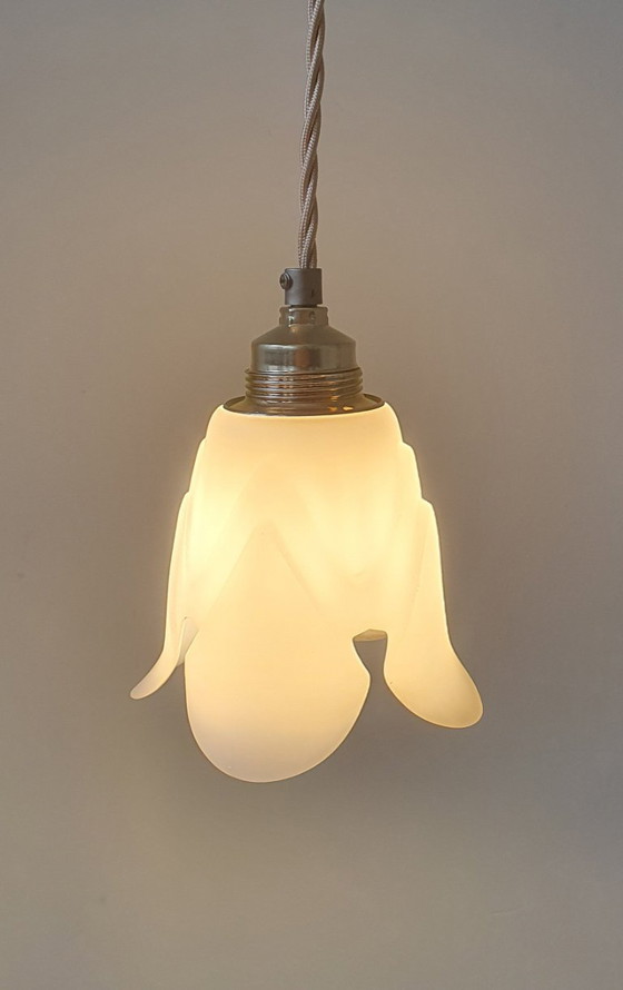 Image 1 of White glass Art Deco lampshade. White frosted glass with a beautiful floral design.