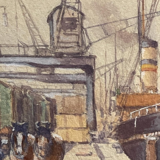 Emile Lhernault, Darsena a Bruxelles, Acquerello, Anni '10 – Dipinti e disegni, Paper (photo 7 of 12)