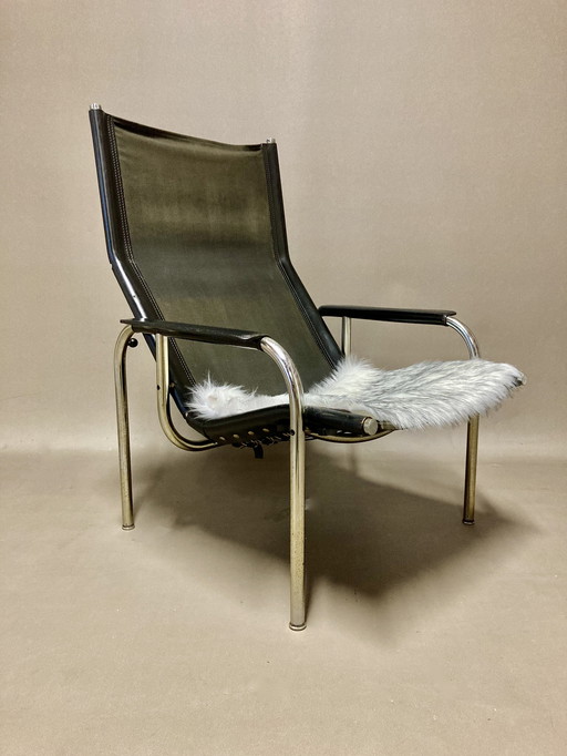 Zwart lederen fauteuil Design 1960.