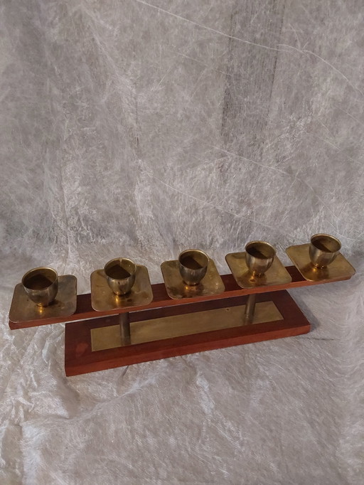 Portacandele vintage in teak con ottone