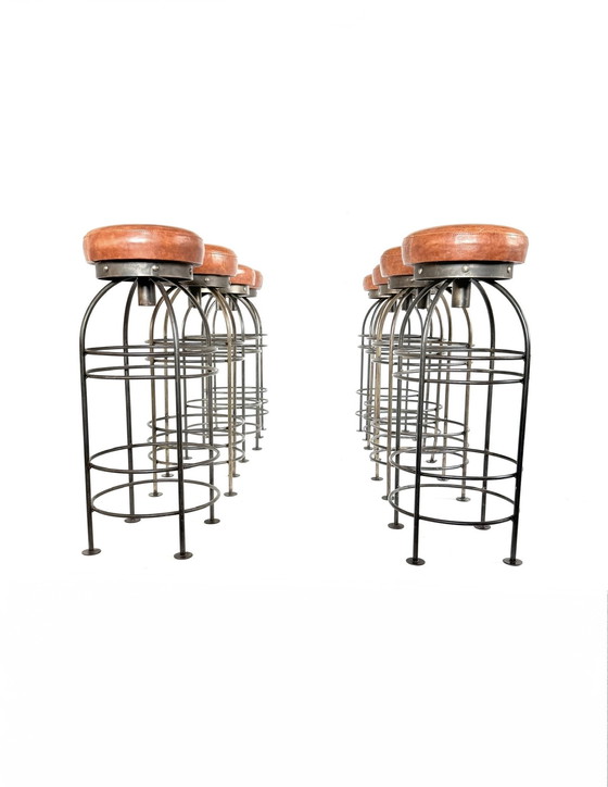 Image 1 of 8x vintage bar stool, wrought iron & leather '80s