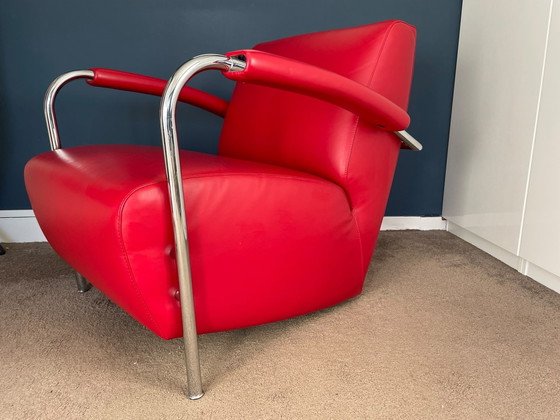 Leolux skylla rood lederen fauteuil – Leer, Chroom (photo 5 of 5)