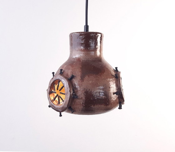 Image 1 of Ceramic earthenware vintage brutalist pendant lamp in brown tones, West Germany fat lava style, wabi-sabi lamp
