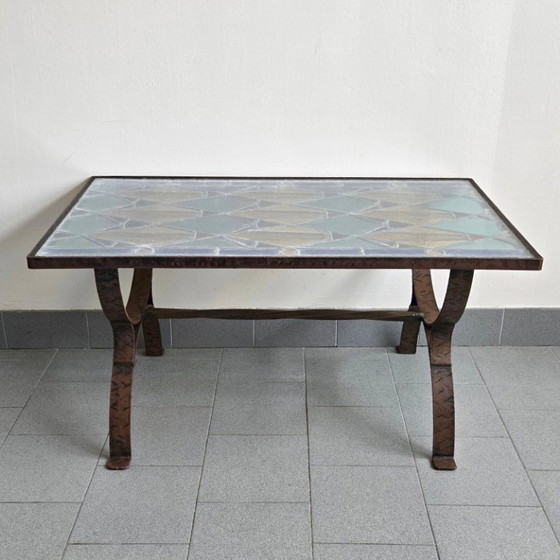 Image 1 of Vintage 1960s Brutalist Coffee Table in Metal, Glass & Stained Glass