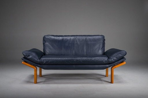 Danish Teak and Navy Blue Leather 2-Seater Sofa from Komfort, 1970s