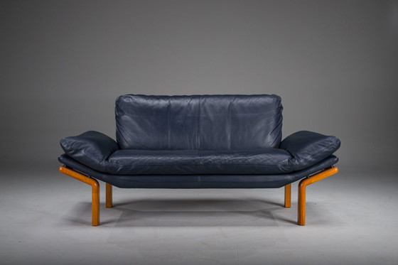Image 1 of Danish Teak and Navy Blue Leather 2-Seater Sofa from Komfort, 1970s