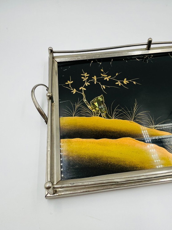 Image 1 of Plateau Art Déco en fixé sous verre et nacre