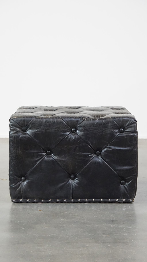 Large Black Square Chesterfield Hocker