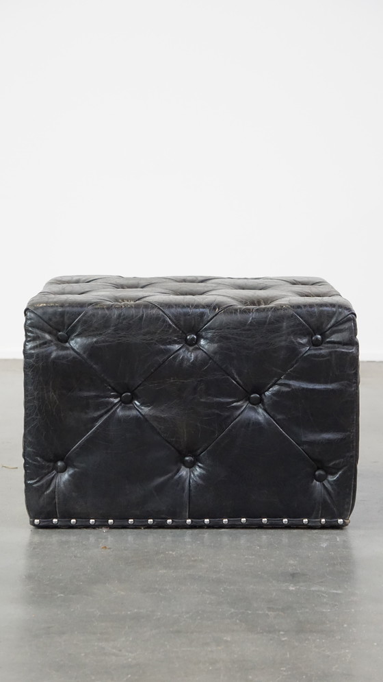 Image 1 of Large Black Square Chesterfield Hocker