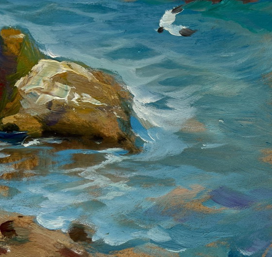 Image 1 of Original Oil Painting Sea Rock Landscape Sailboats on the sea horizon