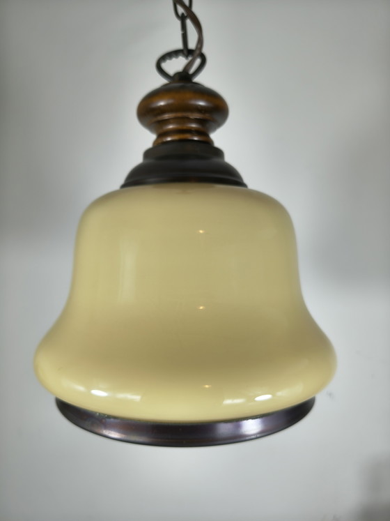 Image 1 of Vintage opaline hanglamp – gele glazen kap – jaren 30 stijl