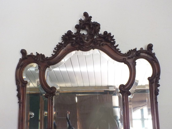 Image 1 of large Liberty Art Noveau wall beveled mirror with planter wood walnut years '900