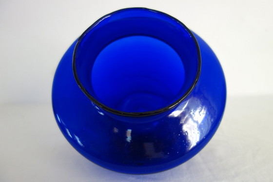 Image 1 of Grande bonbonnière en verre bleu cobalt bulles vintage