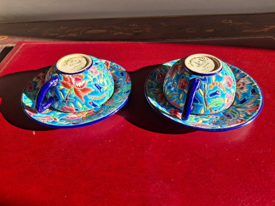 Image 1 of Tête à tête, Set bestehend aus 2 Teetassen und Untertassen aus Longwy-Emaille