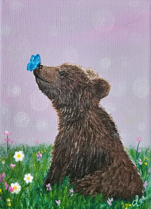 Peinture acrylique d'un ourson avec un papillon