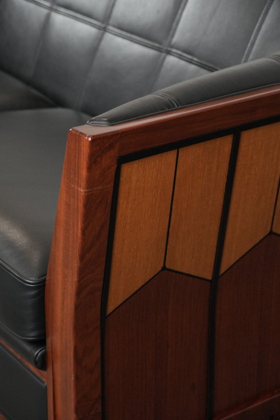 Image 1 of Art Deco Schuitema black leather 2.5-seater designer sofa from the Decoforma series with beautiful woodwork