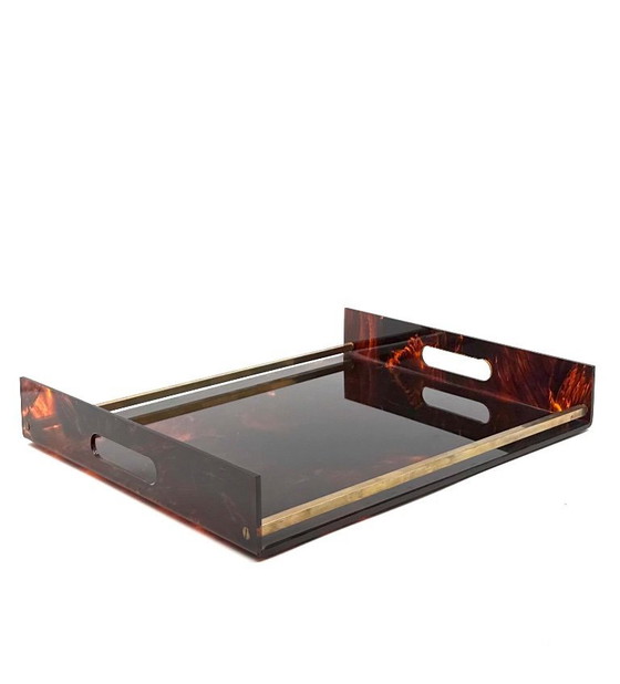 Image 1 of Hollywood Regency dienblad van messing en lucite met schildpadmotief, Italië, jaren 70.