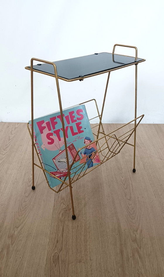 Image 1 of Fifties side table with magazine rack and glass top