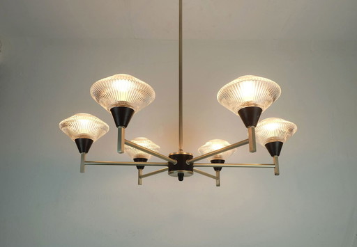 6-light mid century CHANDELIER pendant light glass aluminum and metal early 1960s
