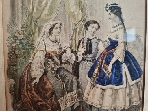 Par de grabados (1858-1860) Anaïs Toudouze y J. Desjardins. Conjunto de 2 grabados en acero coloreados a mano.