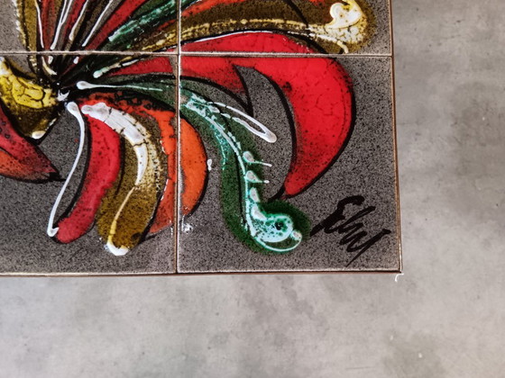 Image 1 of Vintage Juliette Belarti ceramic tile coffee table with rooster motif