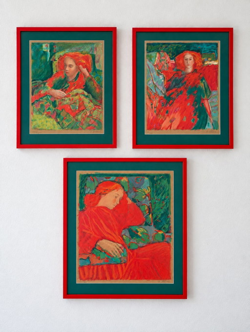 3x Lithographie Dame en Rouge
