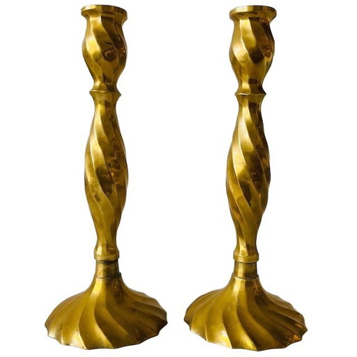 Set of mid-century turned brass candlesticks swirl 1950's