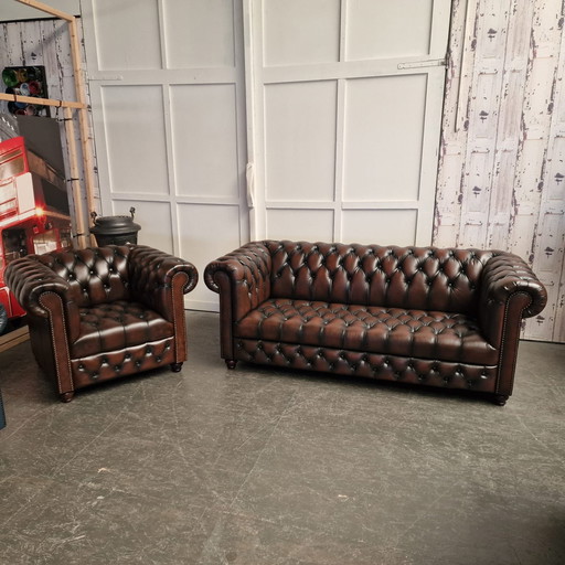 Chesterfield 3-seater + Armchair - Button Seat - Antique Brown