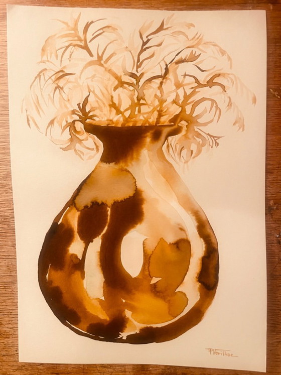 Image 1 of Painting signed, Wabi Sabi vase adorned with dried flowers
