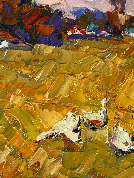 Image 1 of Peinture à l'huile originale, paysage rural, oies, vie à la campagne, promenade d'automne dans le village