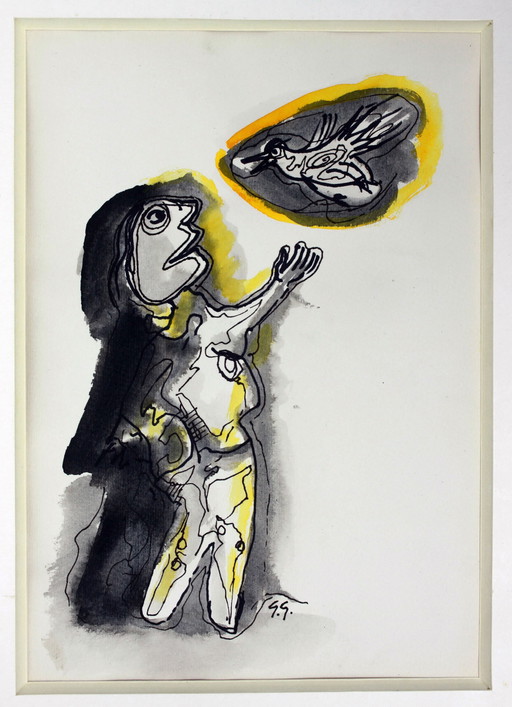 Gérard Grassère, dessin aux crayons de couleur - Homme avec oiseau ("En conversation").